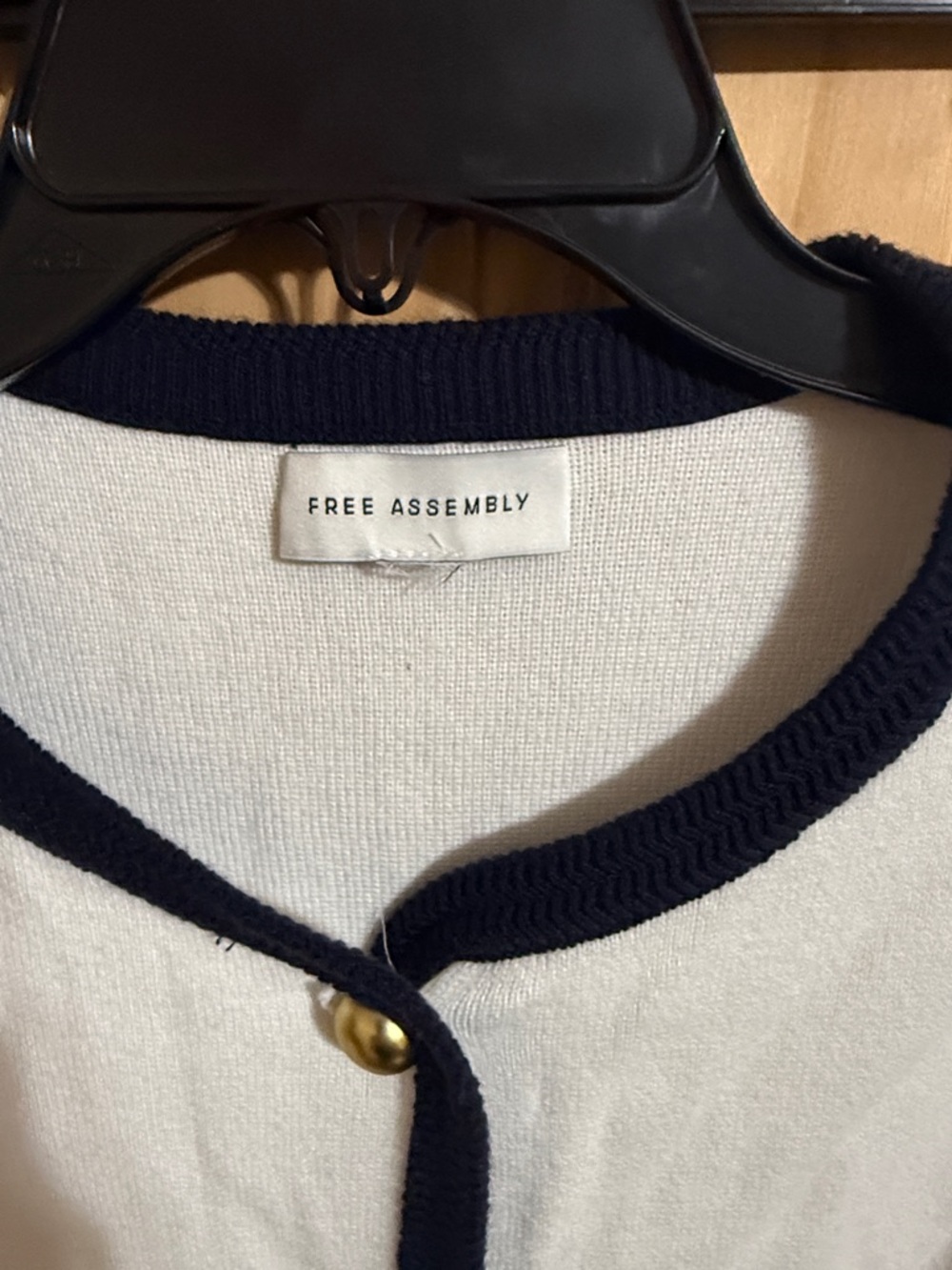 Free Assembly Women's Crewneck Cardigan - Cream with Navy Trim - Picture 2 of 5